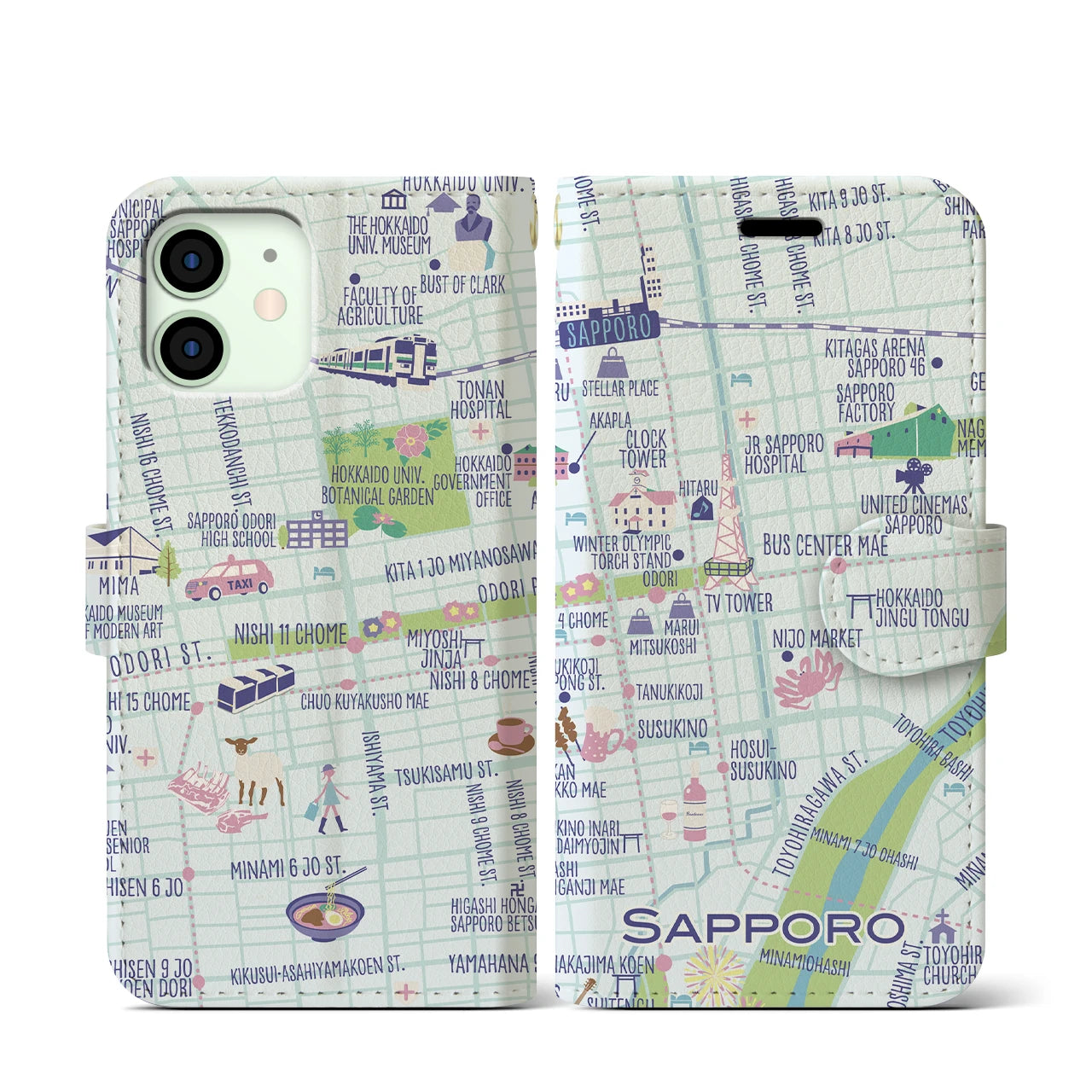 【札幌(イラスト)】イラストマップiPhoneケース(手帳タイプ)ブライト・iPhone 12 mini 用