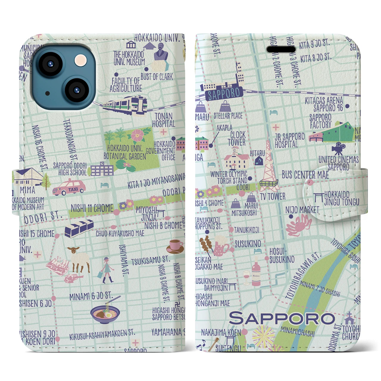 【札幌(イラスト)】イラストマップiPhoneケース(手帳タイプ)ブライト・iPhone 13 用