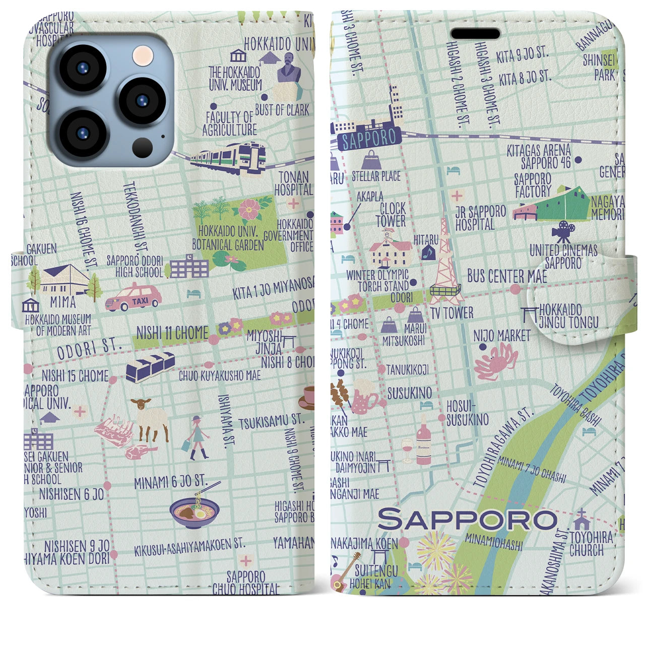 【札幌(イラスト)】イラストマップiPhoneケース(手帳タイプ)ブライト・iPhone 13 Pro Max 用