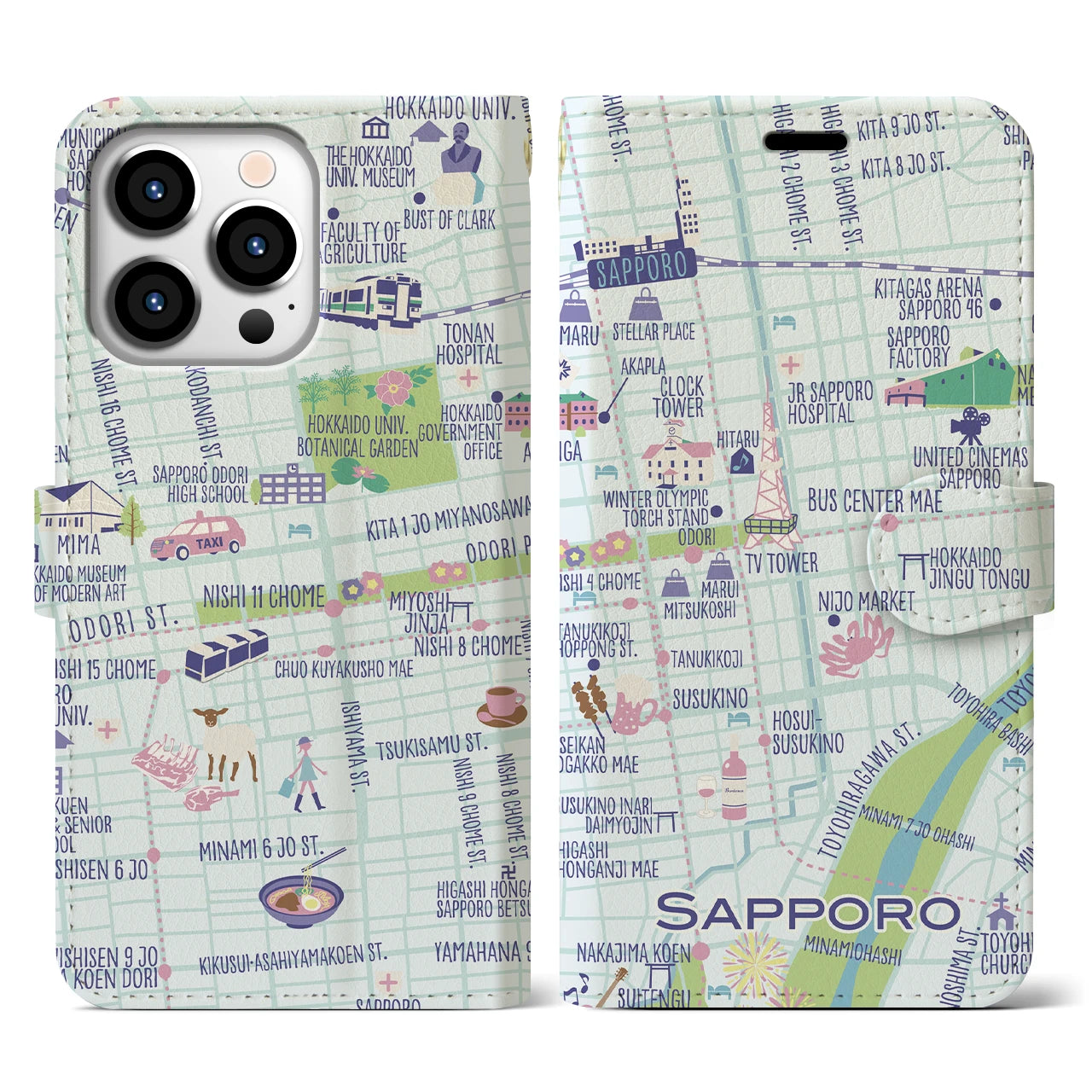 【札幌(イラスト)】イラストマップiPhoneケース(手帳タイプ)ブライト・iPhone 13 Pro 用