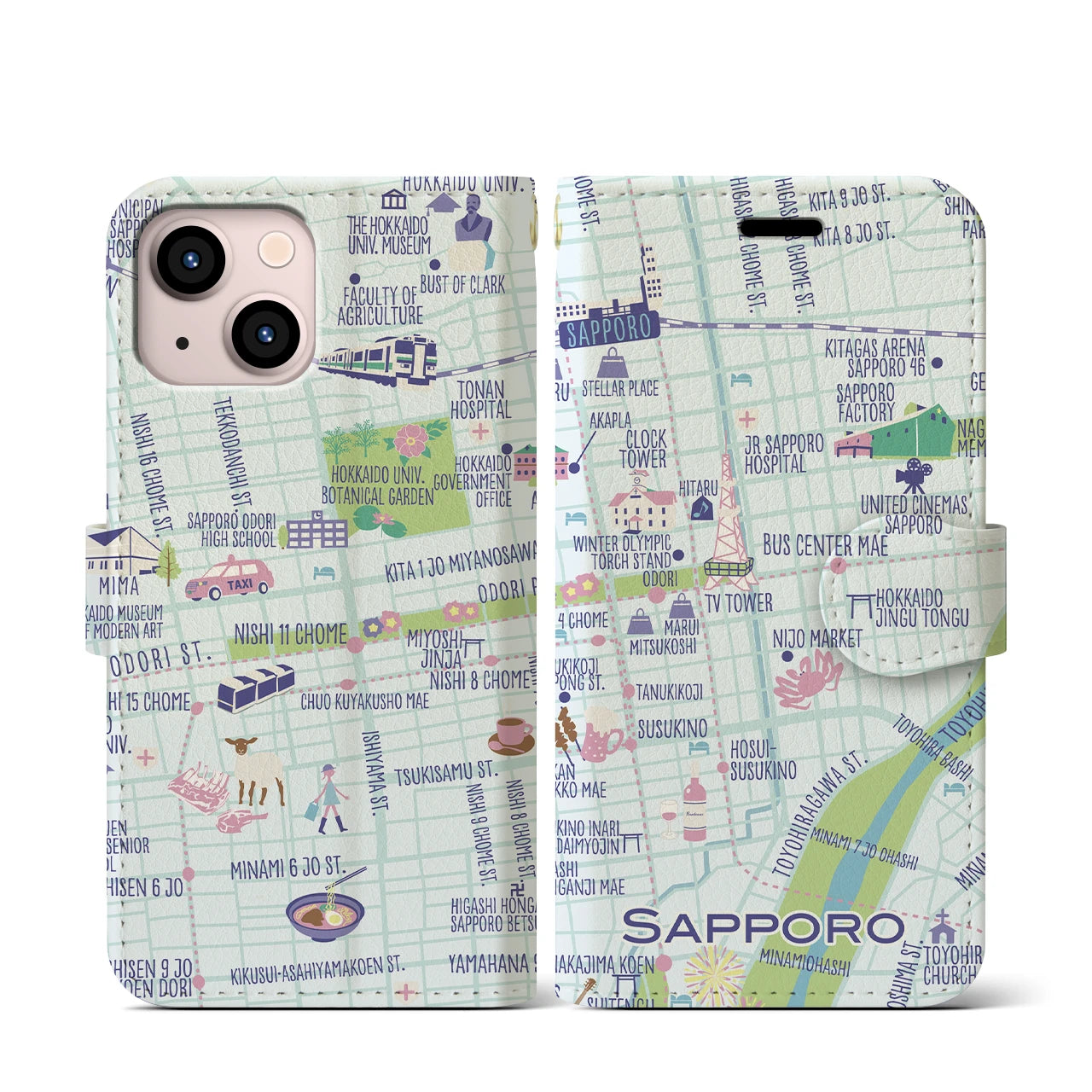 【札幌(イラスト)】イラストマップiPhoneケース(手帳タイプ)ブライト・iPhone 13 mini 用