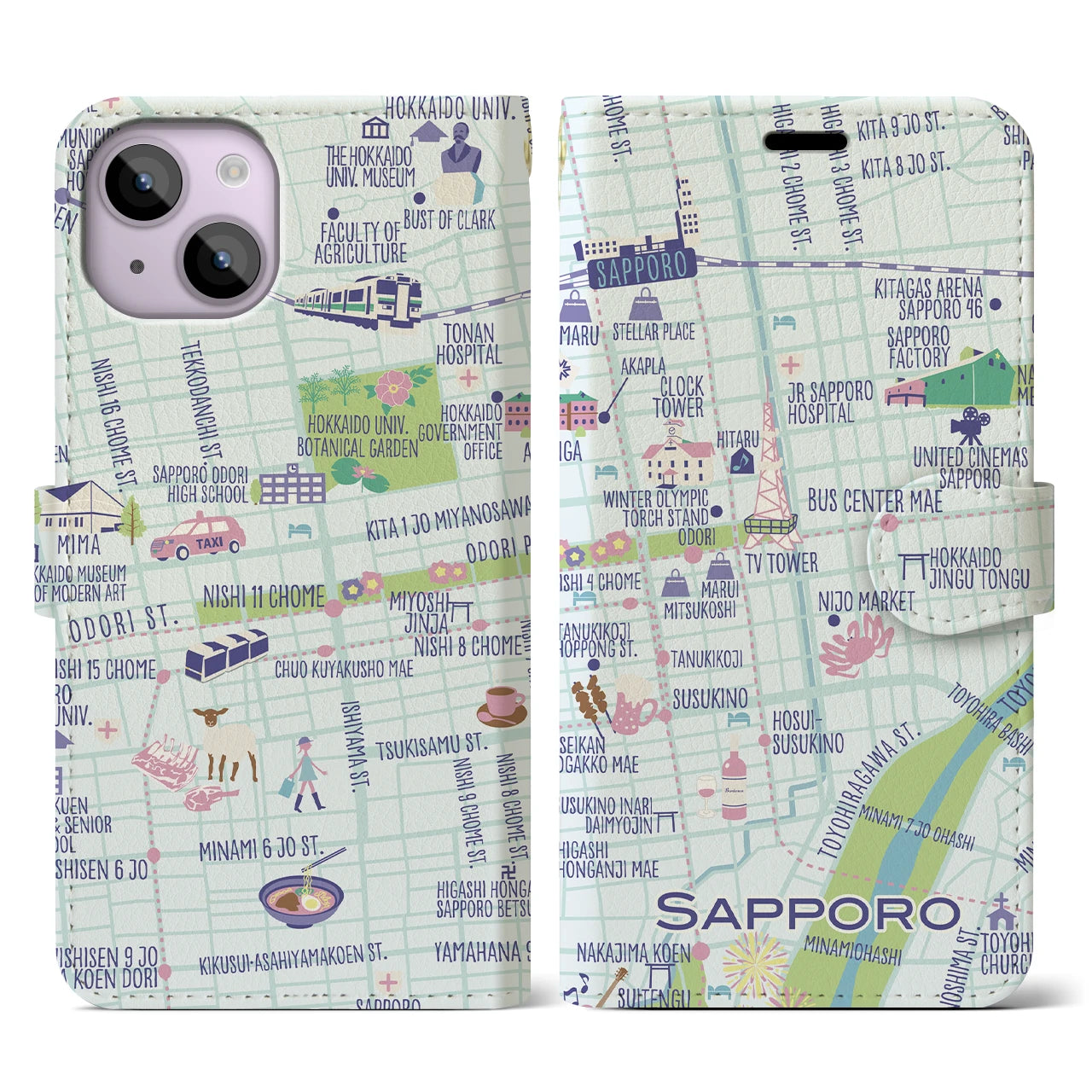 【札幌(イラスト)】イラストマップiPhoneケース(手帳タイプ)ブライト・iPhone 14 用