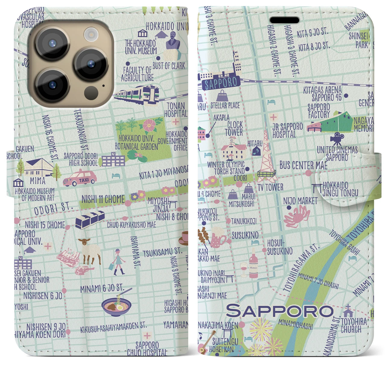【札幌(イラスト)】イラストマップiPhoneケース(手帳タイプ)ブライト・iPhone 14 Pro Max 用