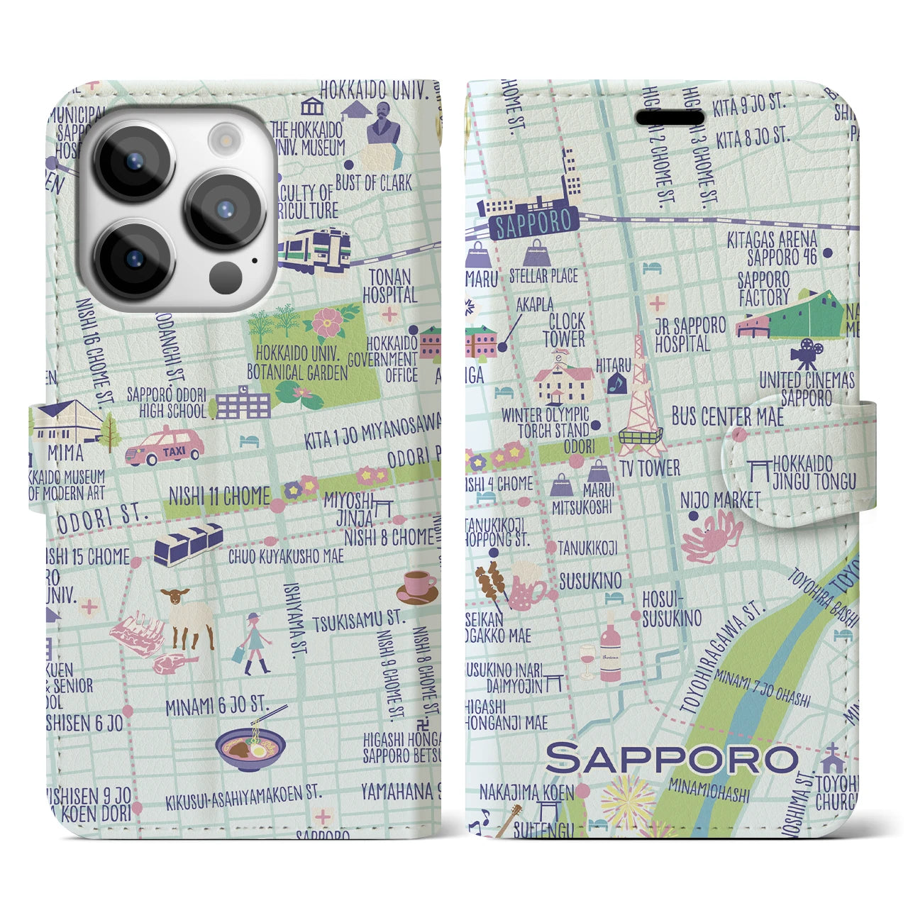 【札幌(イラスト)】イラストマップiPhoneケース(手帳タイプ)ブライト・iPhone 14 Pro 用