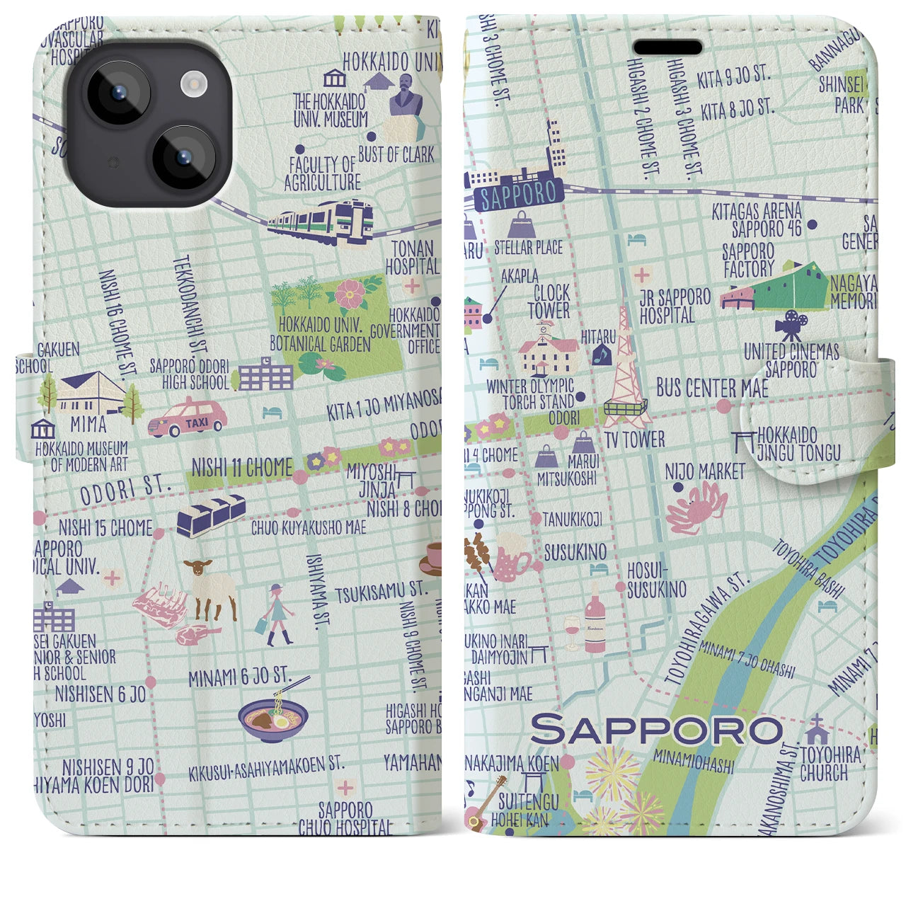 【札幌(イラスト)】イラストマップiPhoneケース(手帳タイプ)ブライト・iPhone 14 Plus 用