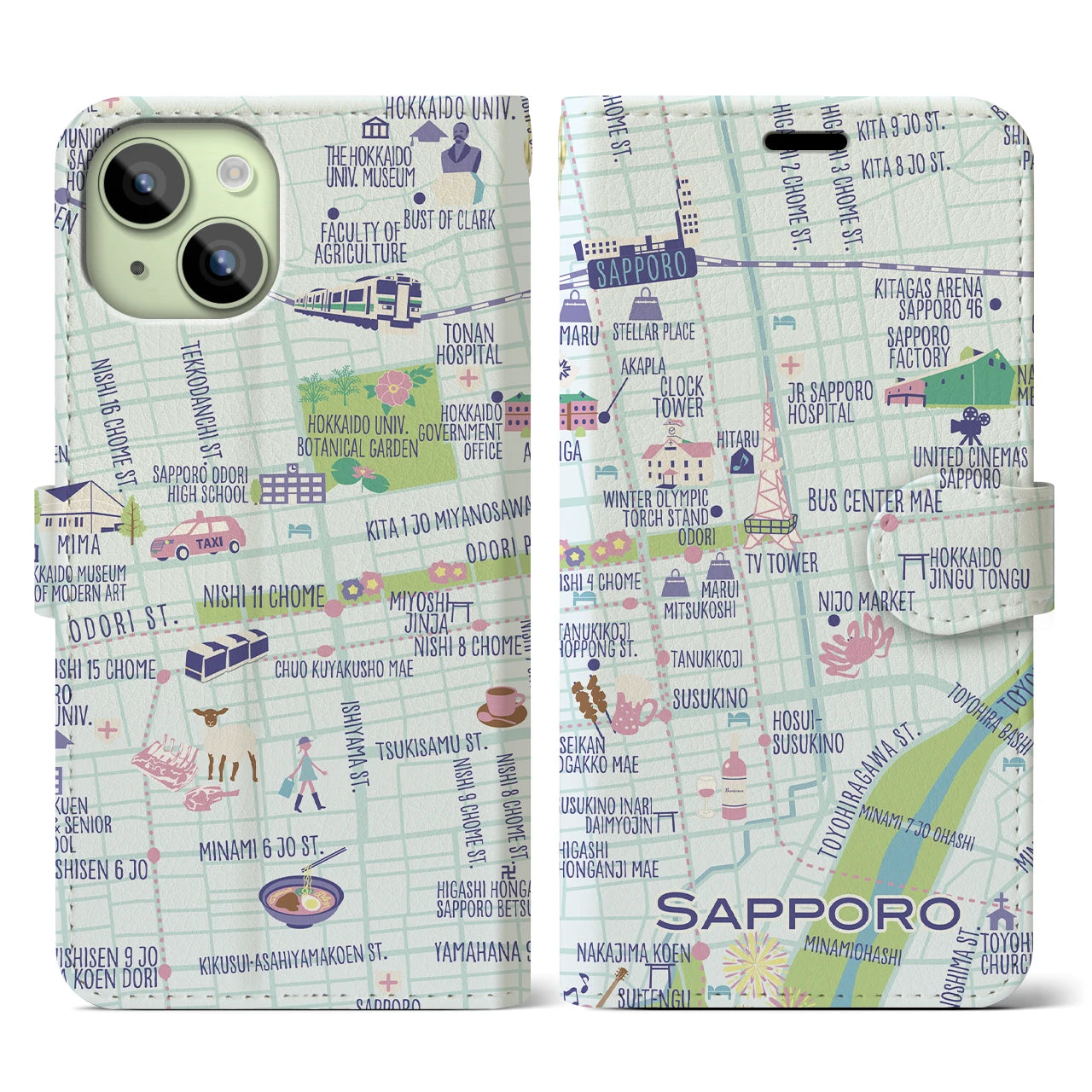 【札幌(イラスト)】イラストマップiPhoneケース(手帳タイプ)ブライト・iPhone 15 用
