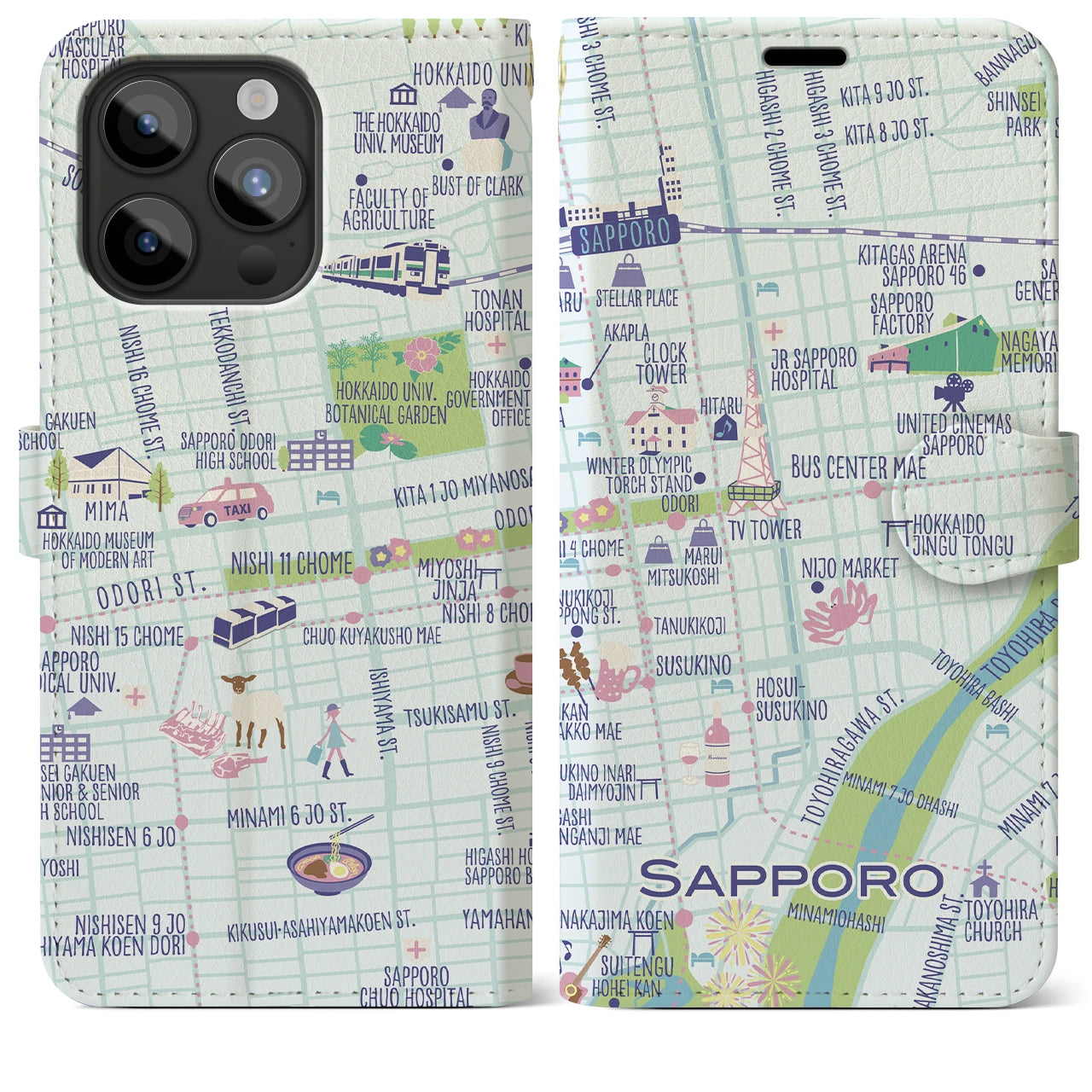 【札幌(イラスト)】イラストマップiPhoneケース(手帳タイプ)ブライト・iPhone 15 Pro Max 用