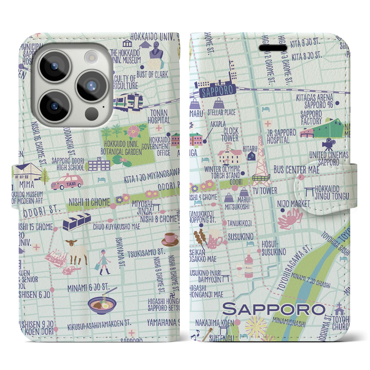 【札幌(イラスト)】イラストマップiPhoneケース(手帳タイプ)ブライト・iPhone 15 Pro 用