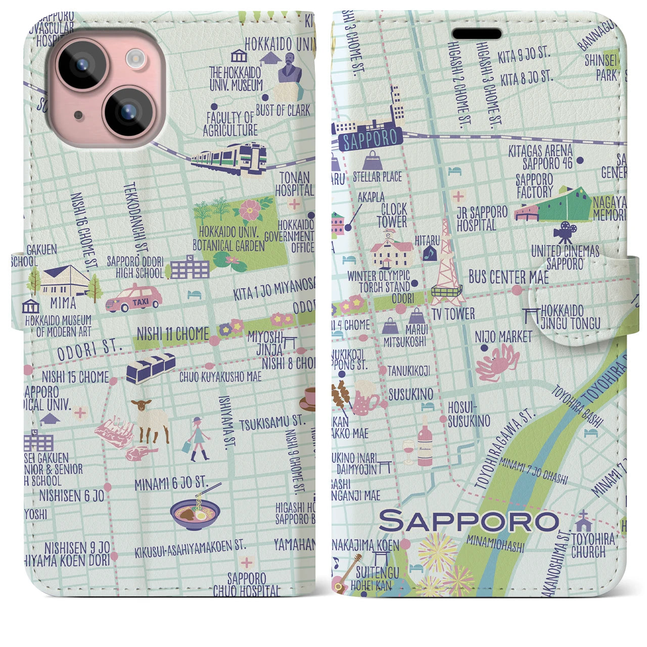 【札幌(イラスト)】イラストマップiPhoneケース(手帳タイプ)ブライト・iPhone 15 Plus 用