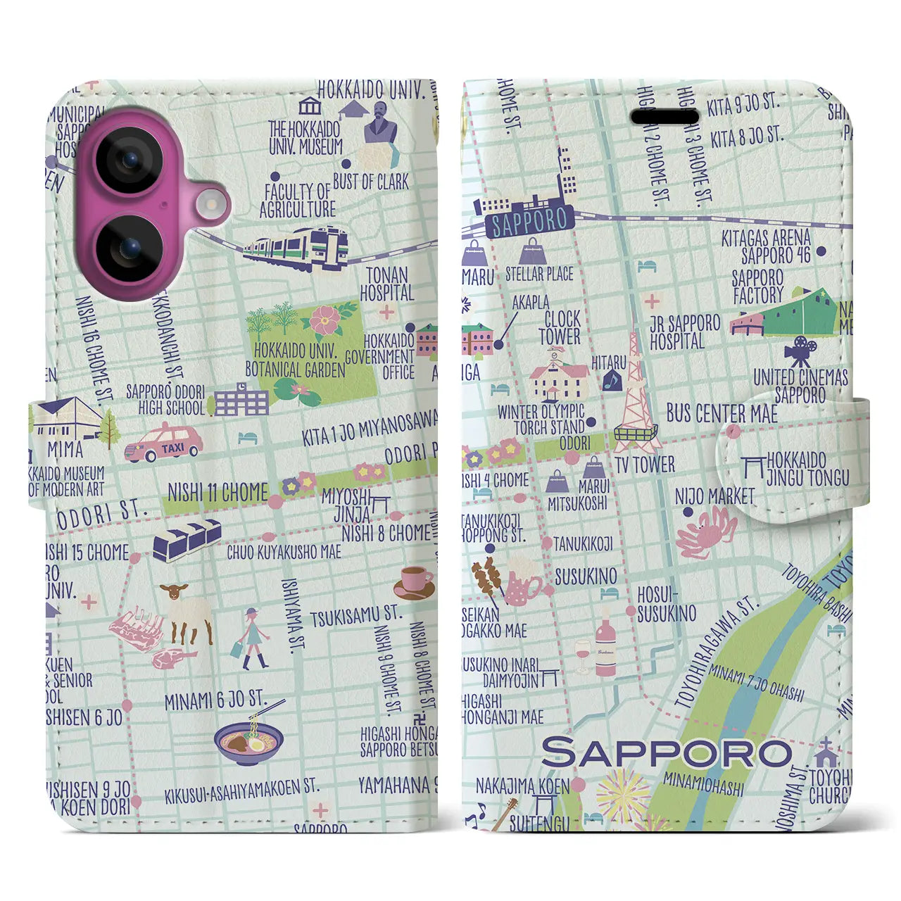 【札幌(イラスト)】イラストマップiPhoneケース(手帳タイプ)ブライト・iPhone 16 Pro 用