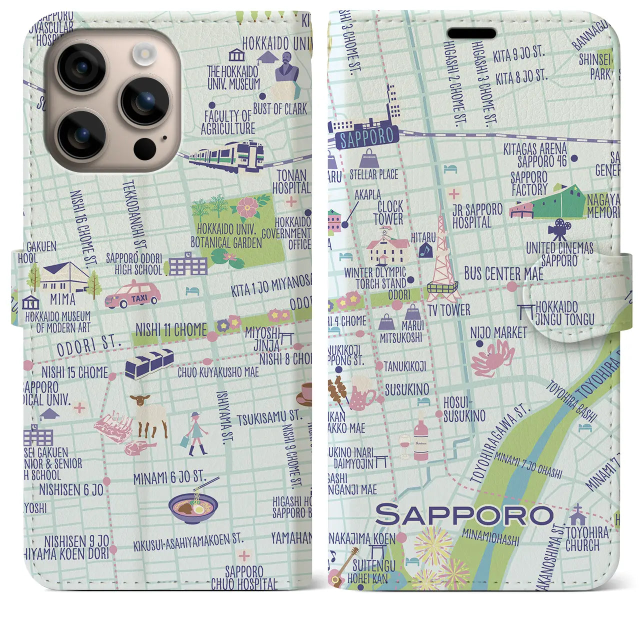【札幌(イラスト)】イラストマップiPhoneケース(手帳タイプ)ブライト・iPhone 16 Plus 用