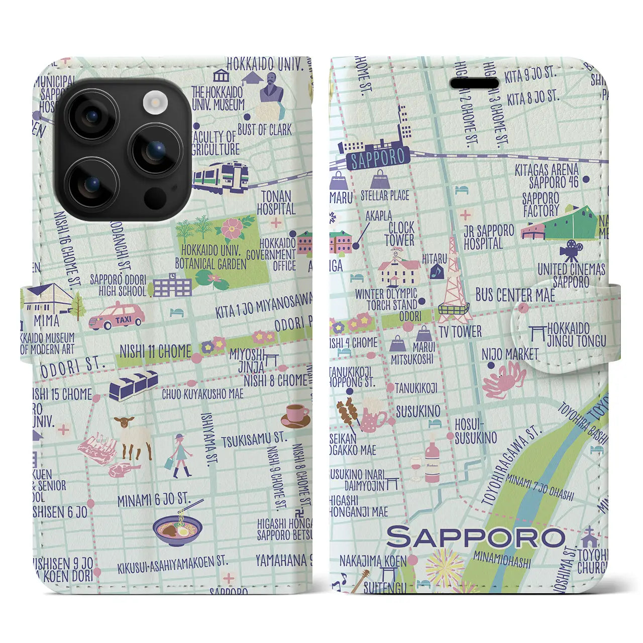 【札幌(イラスト)】イラストマップiPhoneケース(手帳タイプ)ブライト・iPhone 16 用