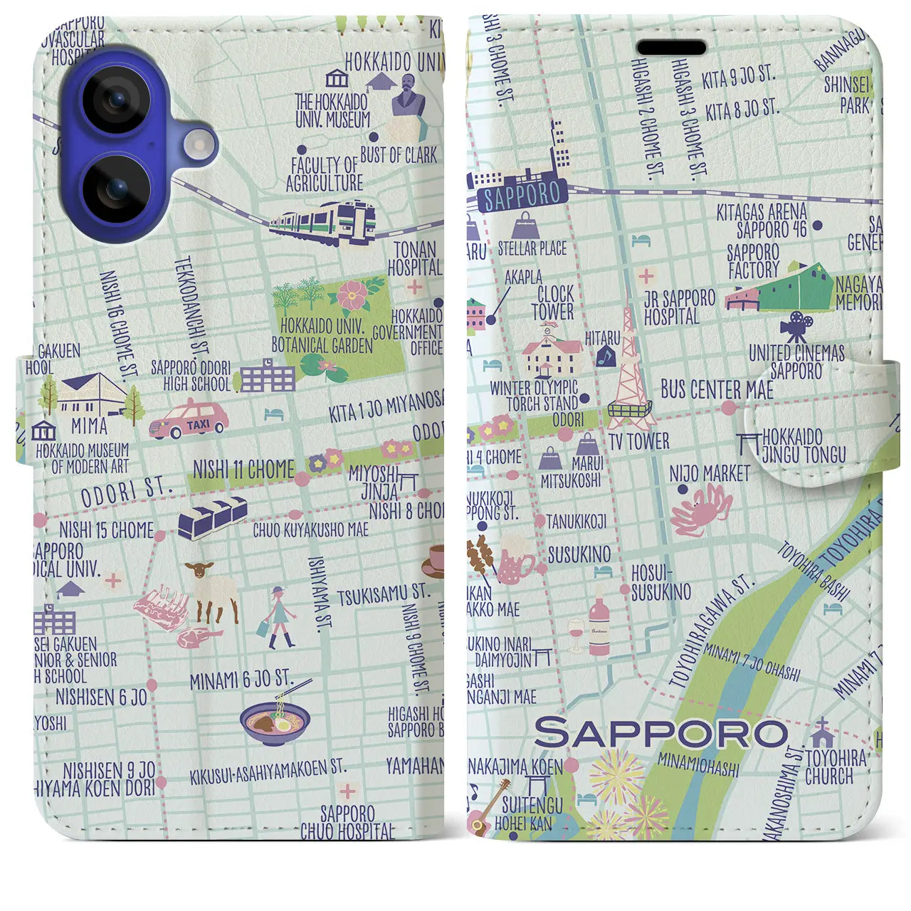 【札幌(イラスト)】イラストマップiPhoneケース(手帳タイプ)ブライト・iPhone 16 Pro Max 用