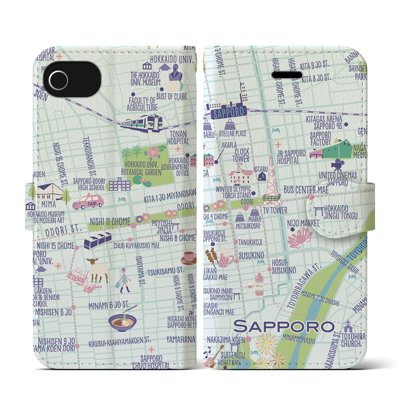 【札幌(イラスト)】イラストマップiPhoneケース(手帳タイプ)ブライト・iPhone SE(第3 / 第2世代) / 8 / 7 / 6s / 6 用