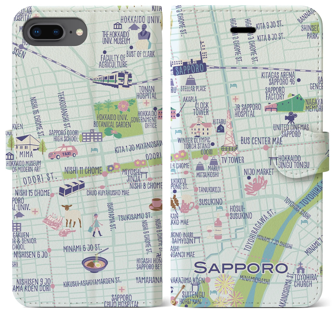 【札幌(イラスト)】イラストマップiPhoneケース(手帳タイプ)ブライト・iPhone 8Plus /7Plus / 6sPlus / 6Plus 用