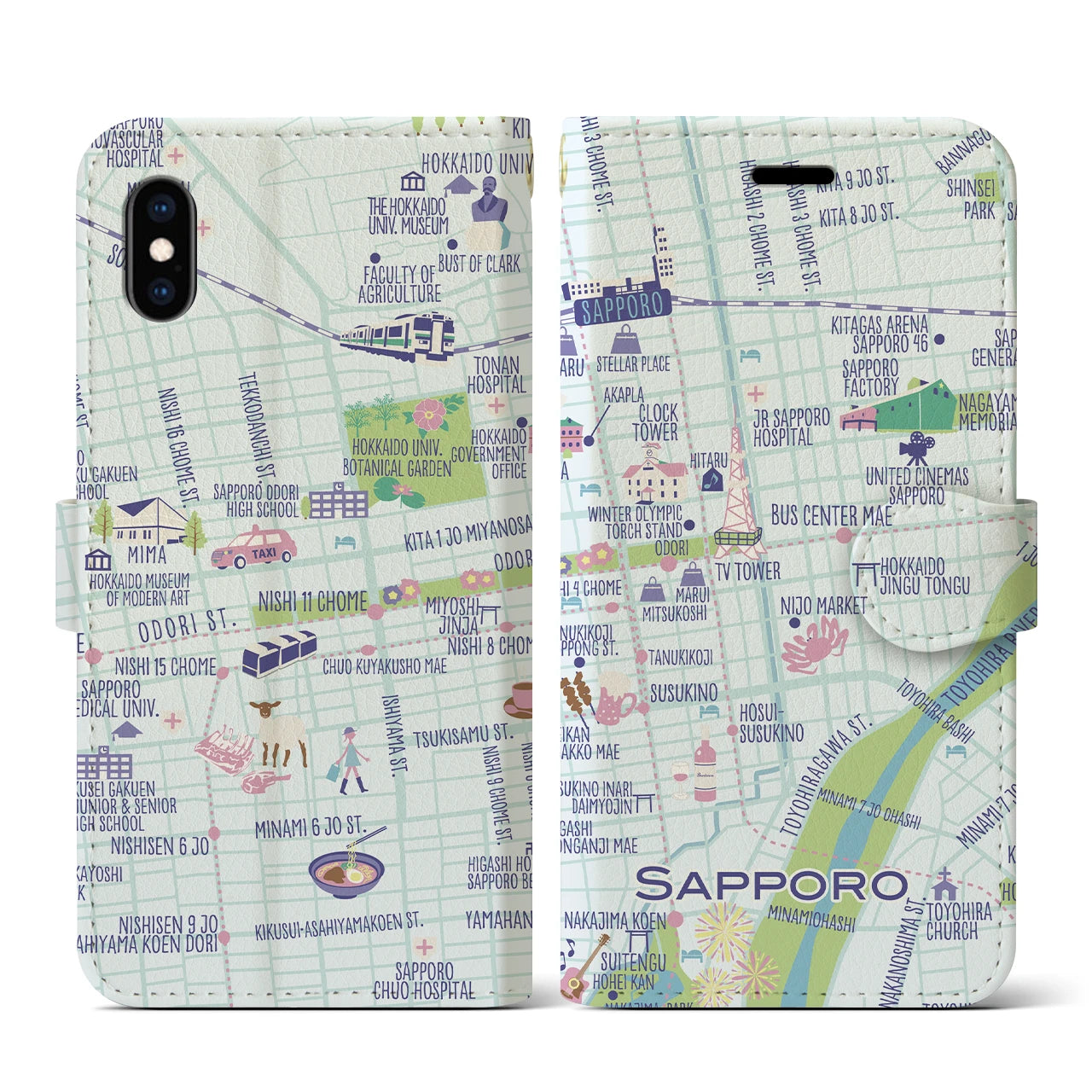 【札幌(イラスト)】イラストマップiPhoneケース(手帳タイプ)ブライト・iPhone XS / X 用