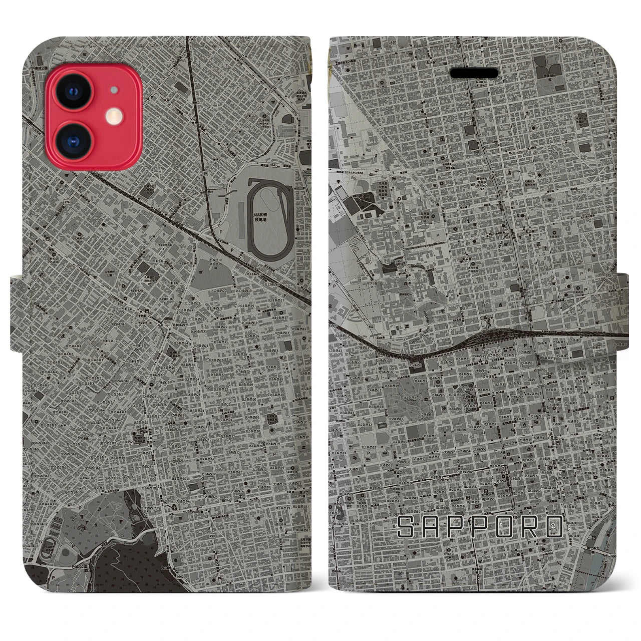 【札幌2(北海道)】地図柄iPhoneケース(手帳タイプ)モノトーン・iPhone 11 用