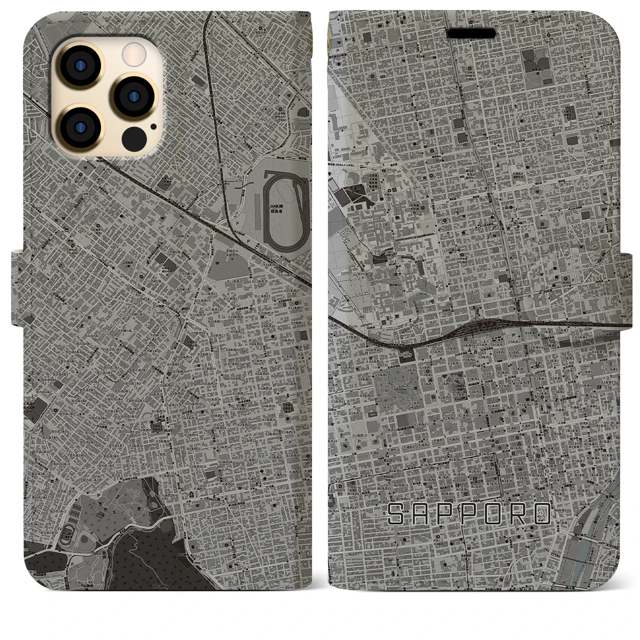 【札幌2(北海道)】地図柄iPhoneケース(手帳タイプ)モノトーン・iPhone 12 Pro Max 用