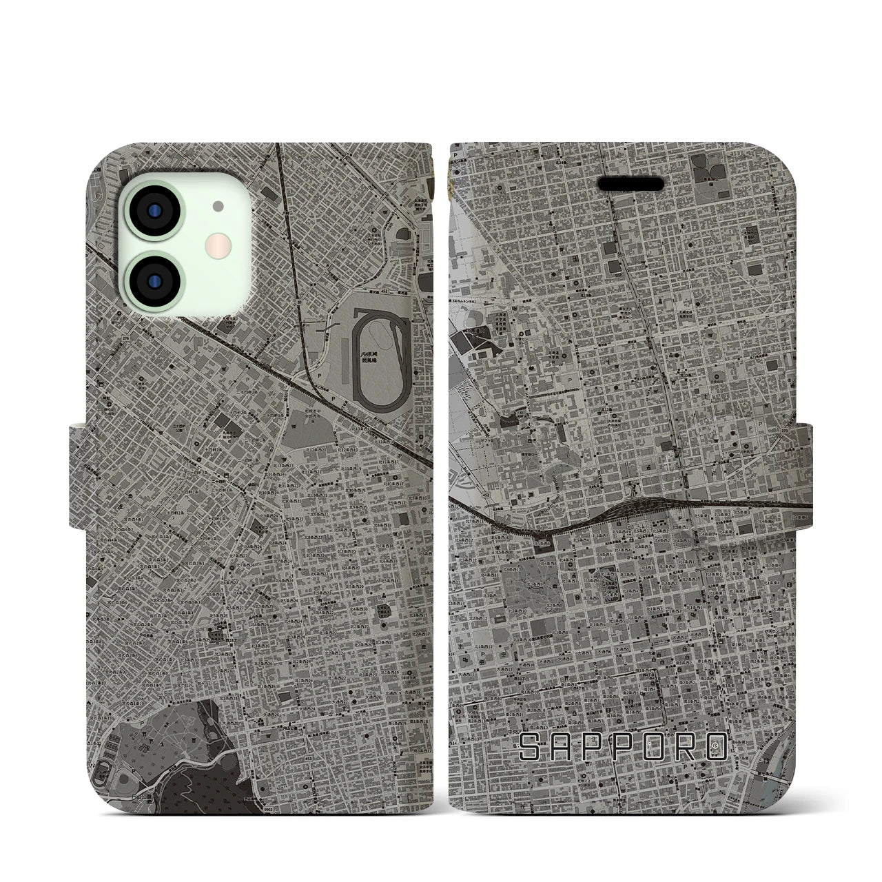 【札幌2(北海道)】地図柄iPhoneケース(手帳タイプ)モノトーン・iPhone 12 mini 用