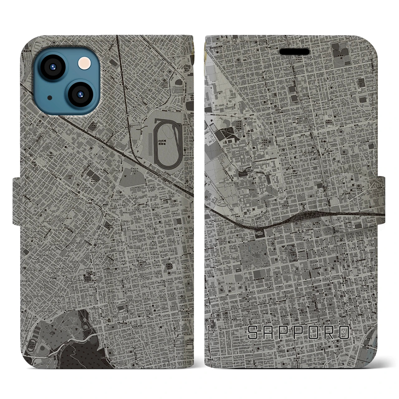 【札幌2(北海道)】地図柄iPhoneケース(手帳タイプ)モノトーン・iPhone 13 用