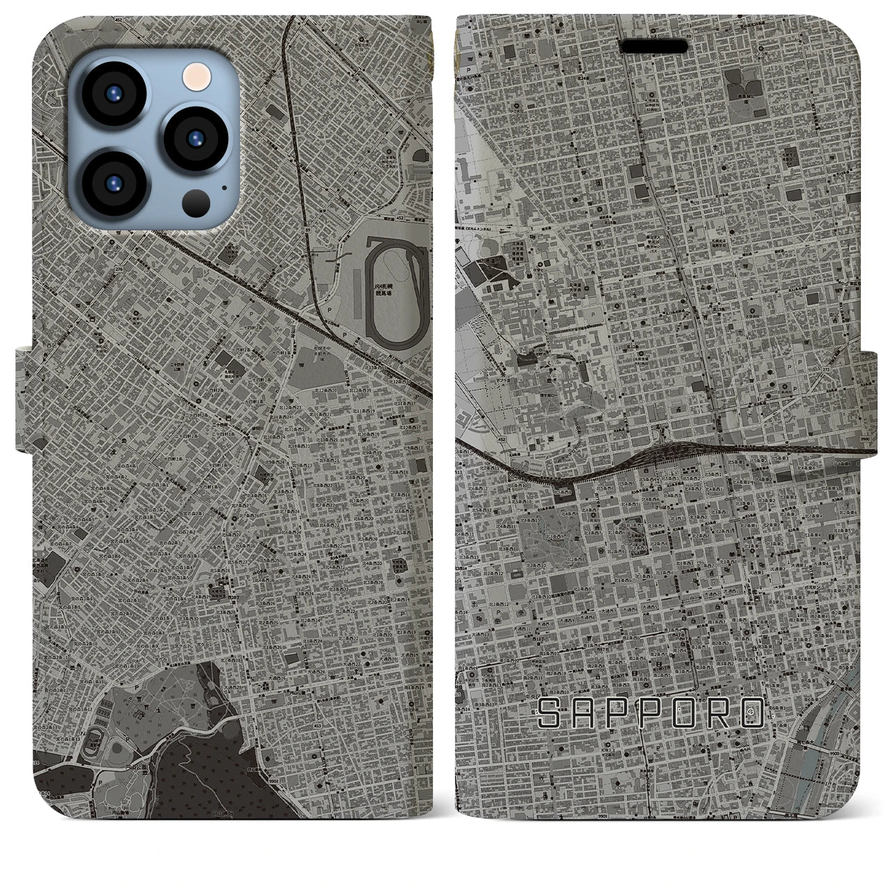 【札幌2(北海道)】地図柄iPhoneケース(手帳タイプ)モノトーン・iPhone 13 Pro Max 用