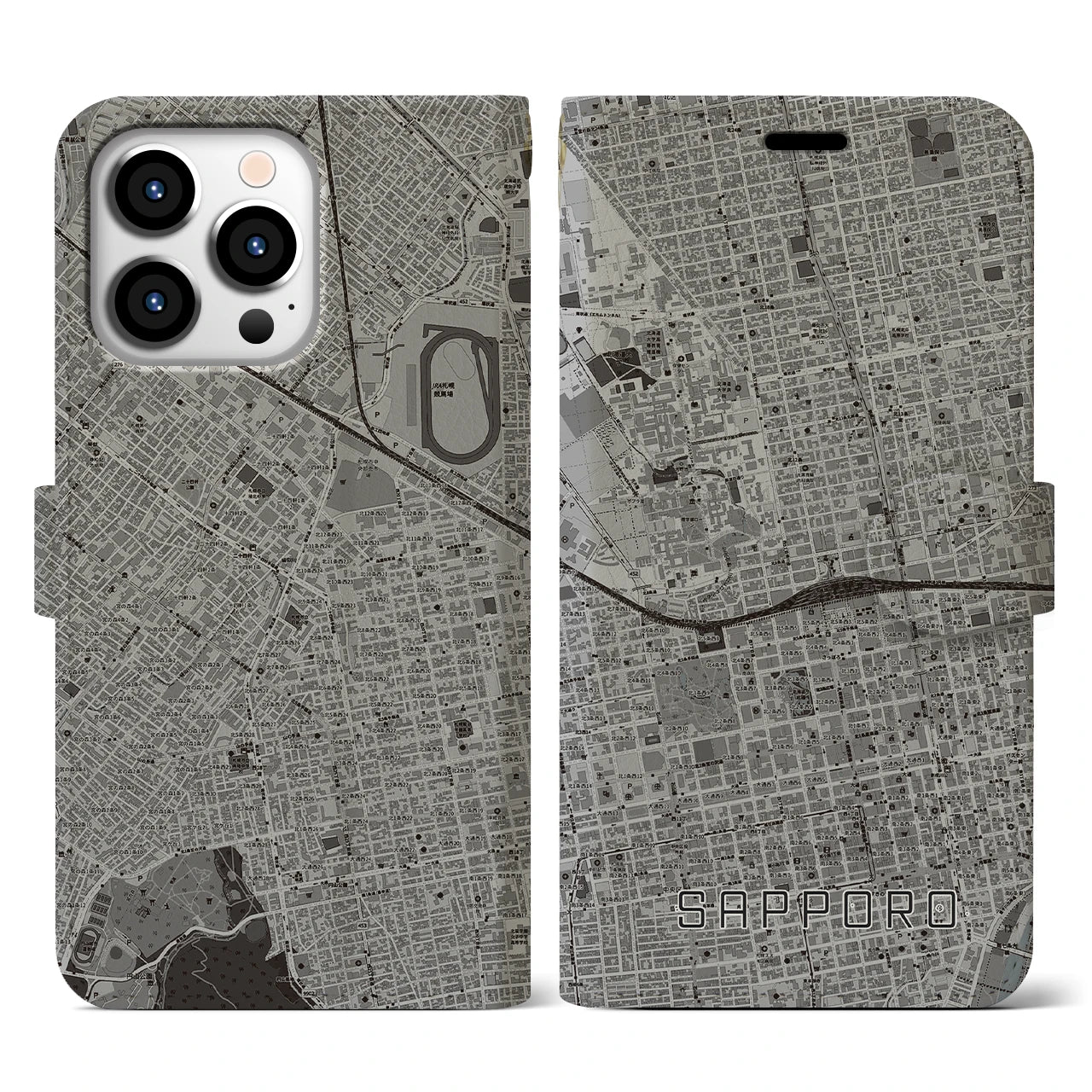 【札幌2(北海道)】地図柄iPhoneケース(手帳タイプ)モノトーン・iPhone 13 Pro 用