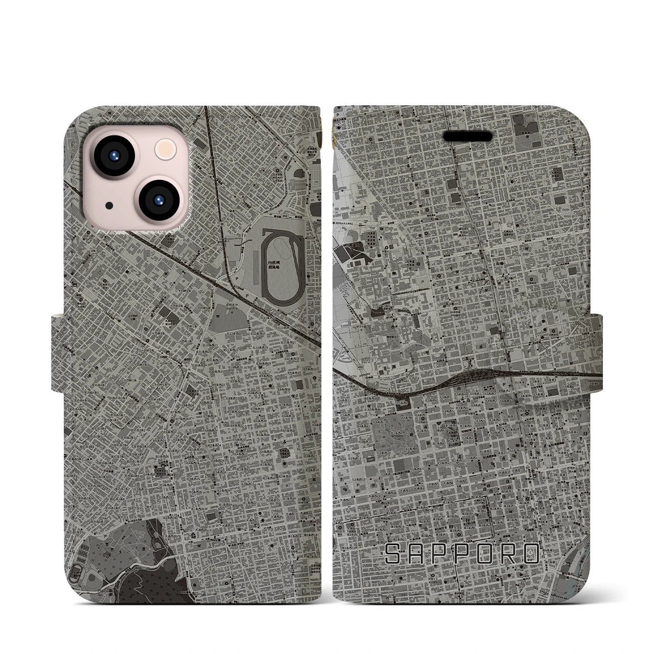 【札幌2(北海道)】地図柄iPhoneケース(手帳タイプ)モノトーン・iPhone 13 mini 用