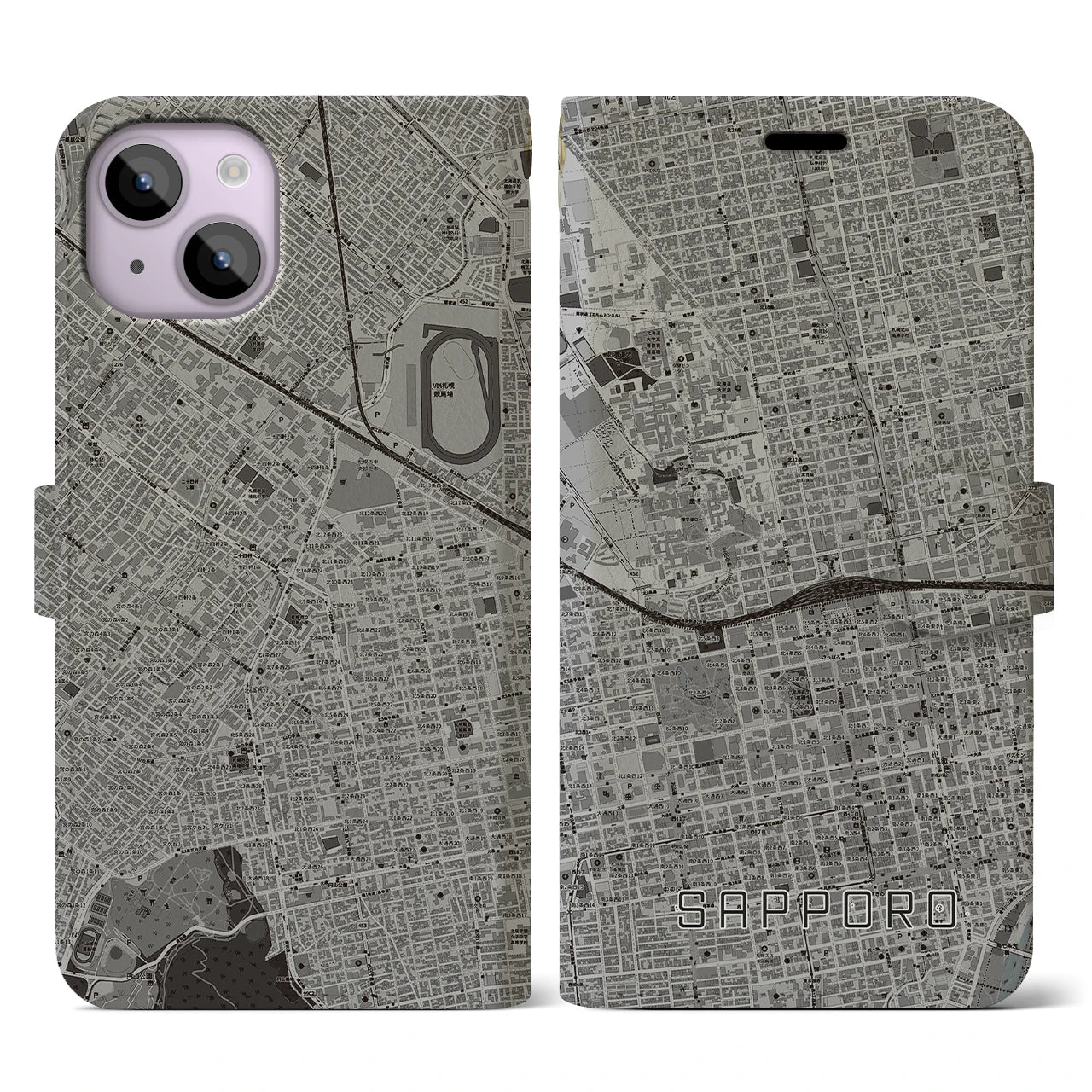【札幌2(北海道)】地図柄iPhoneケース(手帳タイプ)モノトーン・iPhone 14 用