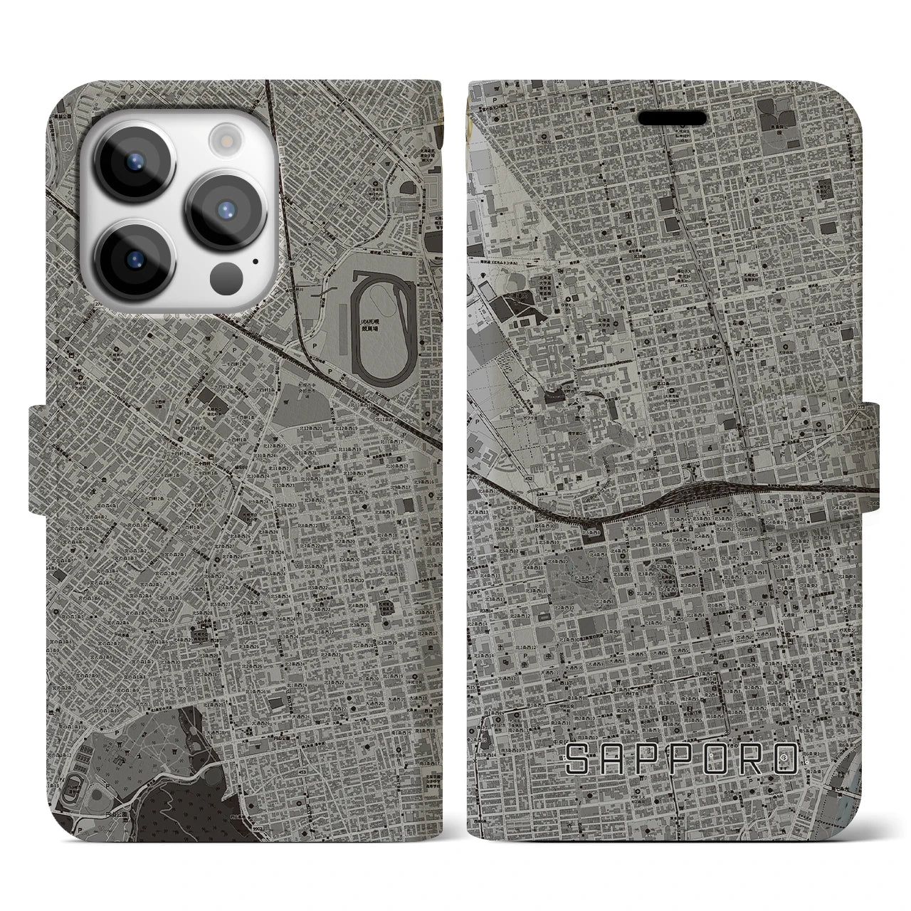 【札幌2(北海道)】地図柄iPhoneケース(手帳タイプ)モノトーン・iPhone 14 Pro 用