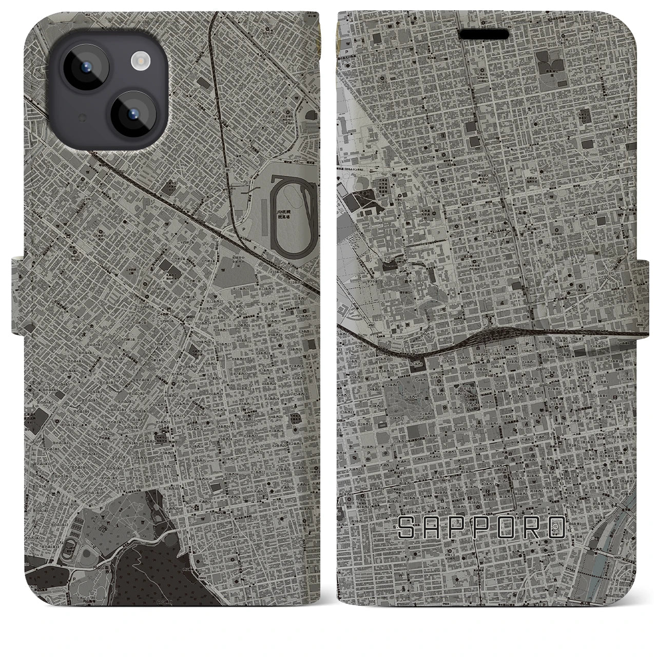 【札幌2(北海道)】地図柄iPhoneケース(手帳タイプ)モノトーン・iPhone 14 Plus 用