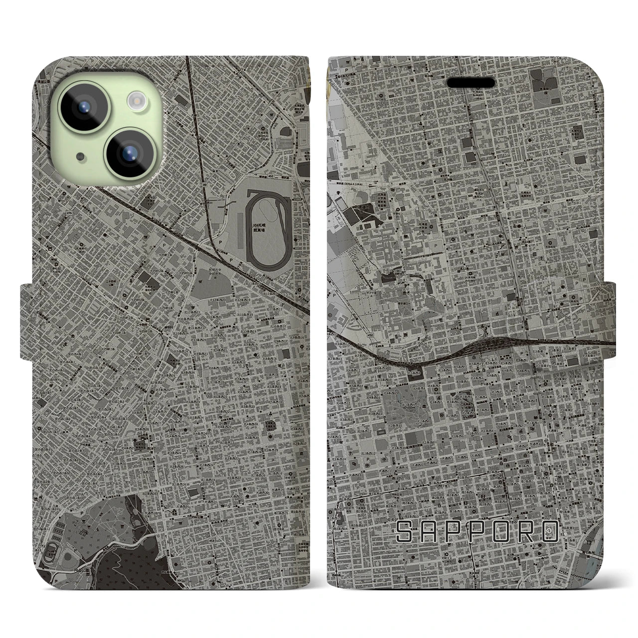 【札幌2(北海道)】地図柄iPhoneケース(手帳タイプ)モノトーン・iPhone 15 用