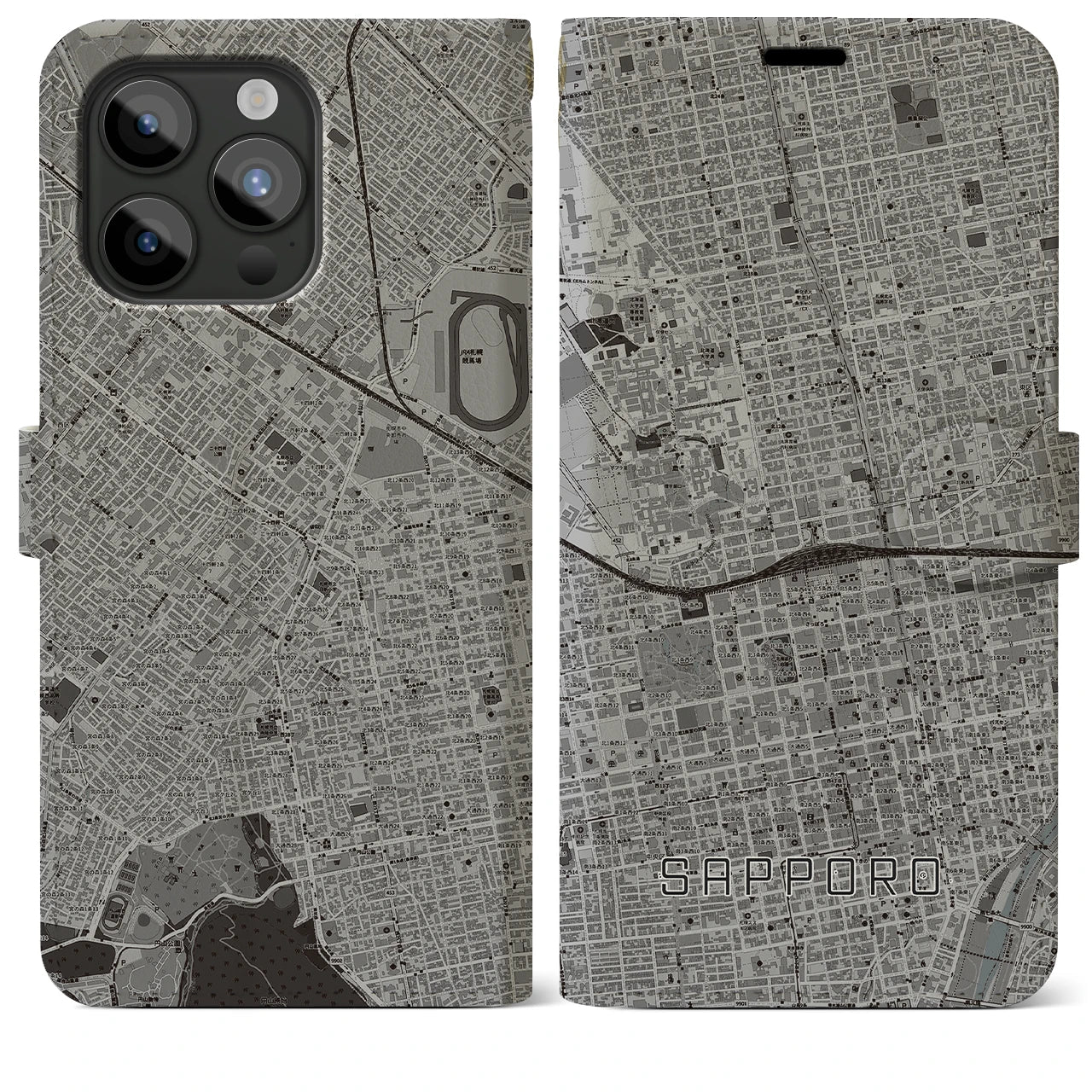 【札幌2(北海道)】地図柄iPhoneケース(手帳タイプ)モノトーン・iPhone 15 Pro Max 用