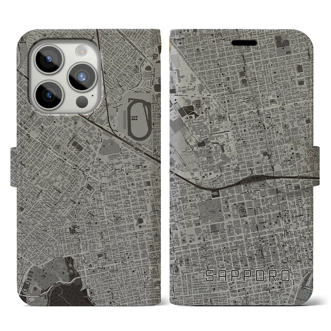 【札幌2(北海道)】地図柄iPhoneケース(手帳タイプ)モノトーン・iPhone 15 Pro 用