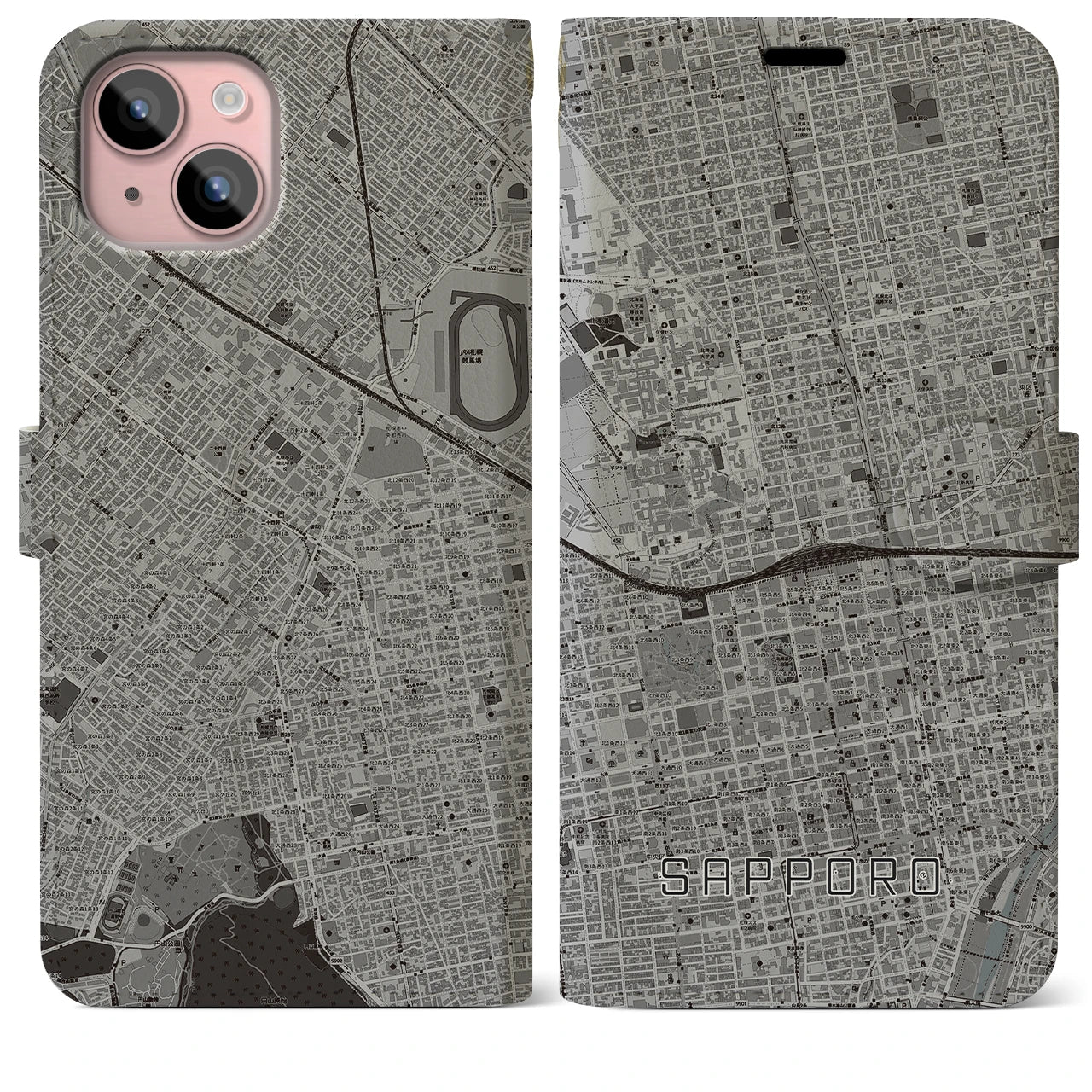 【札幌2(北海道)】地図柄iPhoneケース(手帳タイプ)モノトーン・iPhone 15 Plus 用