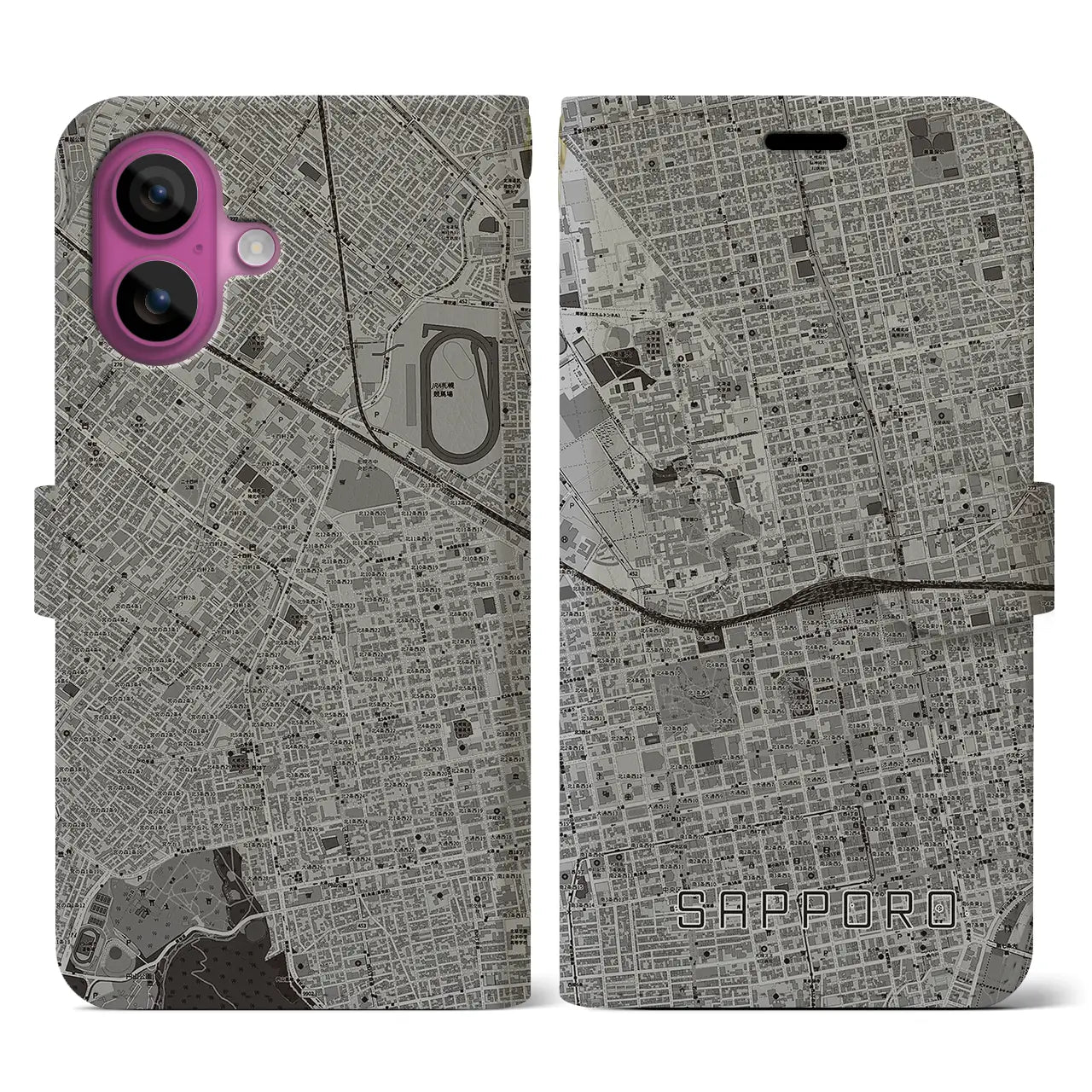 【札幌2(北海道)】地図柄iPhoneケース(手帳タイプ)モノトーン・iPhone 16 Pro 用