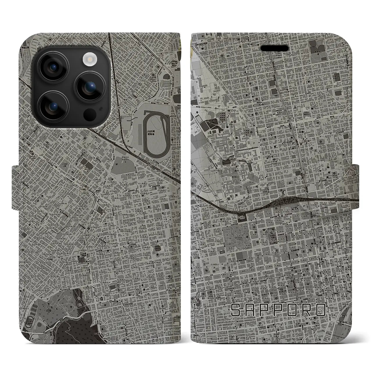 【札幌2(北海道)】地図柄iPhoneケース(手帳タイプ)モノトーン・iPhone 16 用