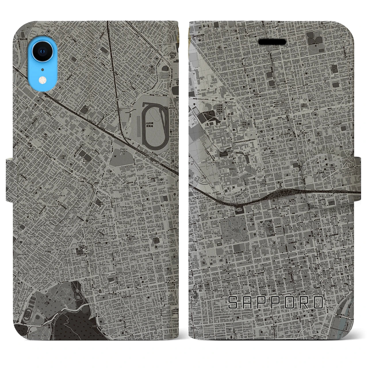 【札幌2(北海道)】地図柄iPhoneケース(手帳タイプ)モノトーン・iPhone XR 用