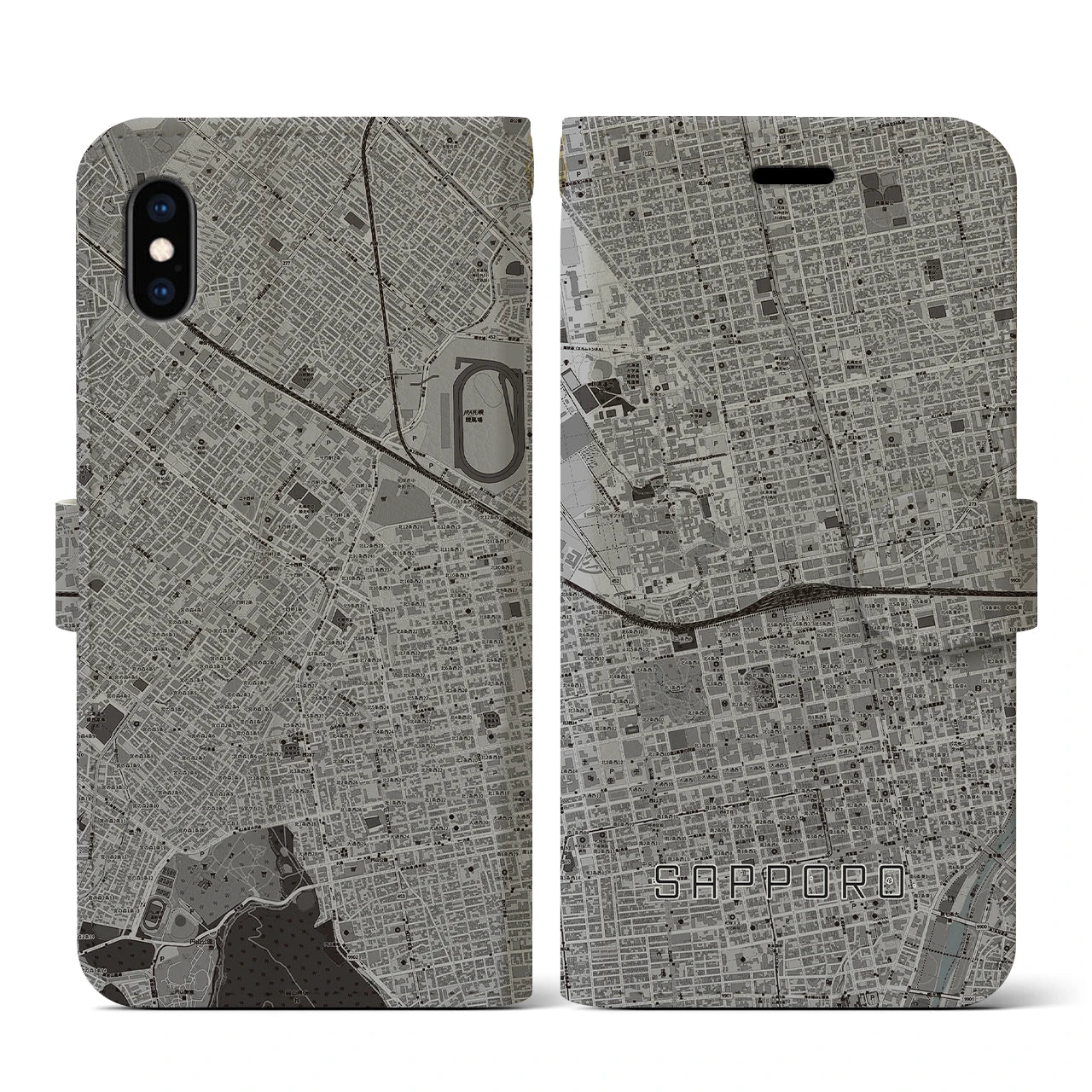 【札幌2(北海道)】地図柄iPhoneケース(手帳タイプ)モノトーン・iPhone XS / X 用
