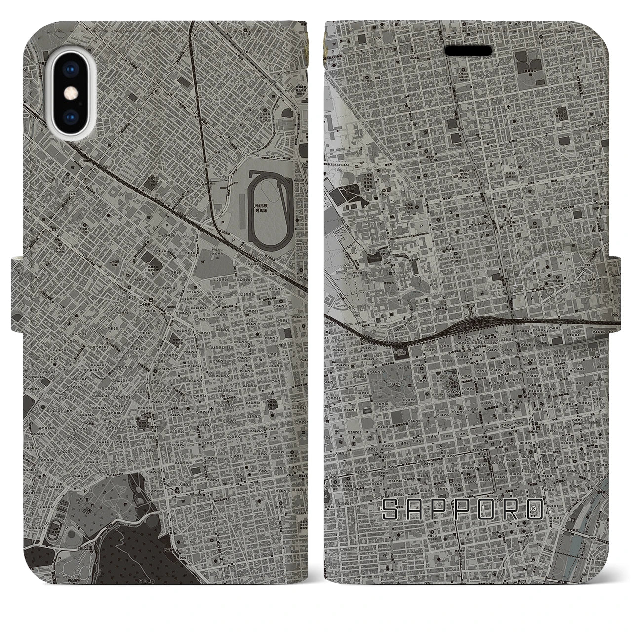 【札幌2(北海道)】地図柄iPhoneケース(手帳タイプ)モノトーン・iPhone XS Max 用