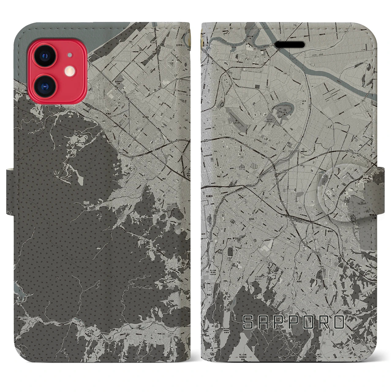 【札幌3(北海道)】地図柄iPhoneケース(手帳タイプ)モノトーン・iPhone 11 用