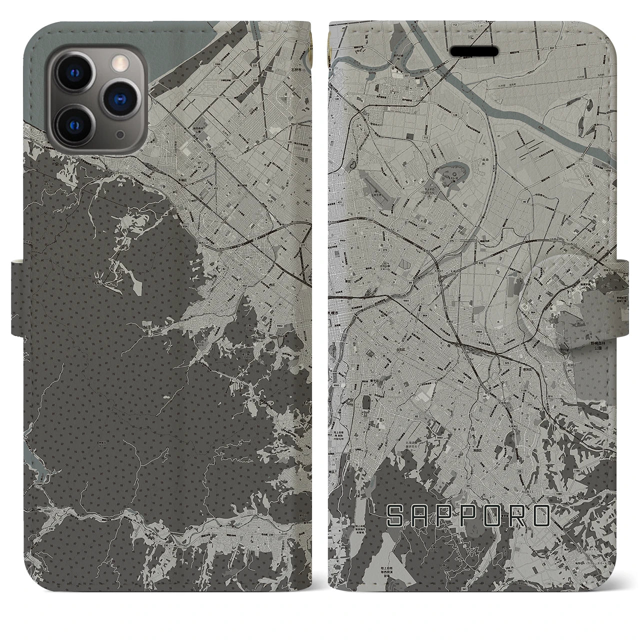 【札幌3(北海道)】地図柄iPhoneケース(手帳タイプ)モノトーン・iPhone 11 Pro Max 用