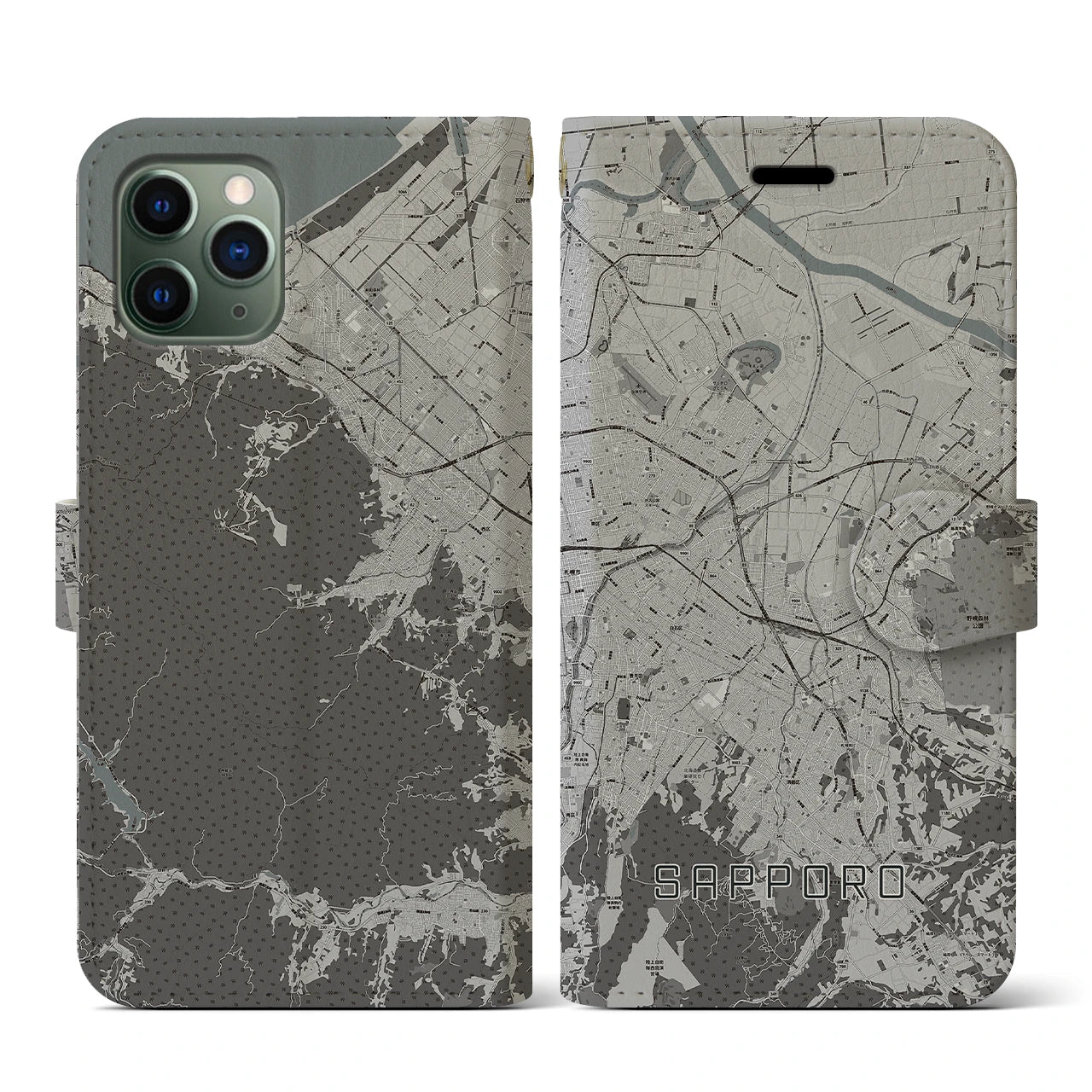 【札幌3(北海道)】地図柄iPhoneケース(手帳タイプ)モノトーン・iPhone 11 Pro 用