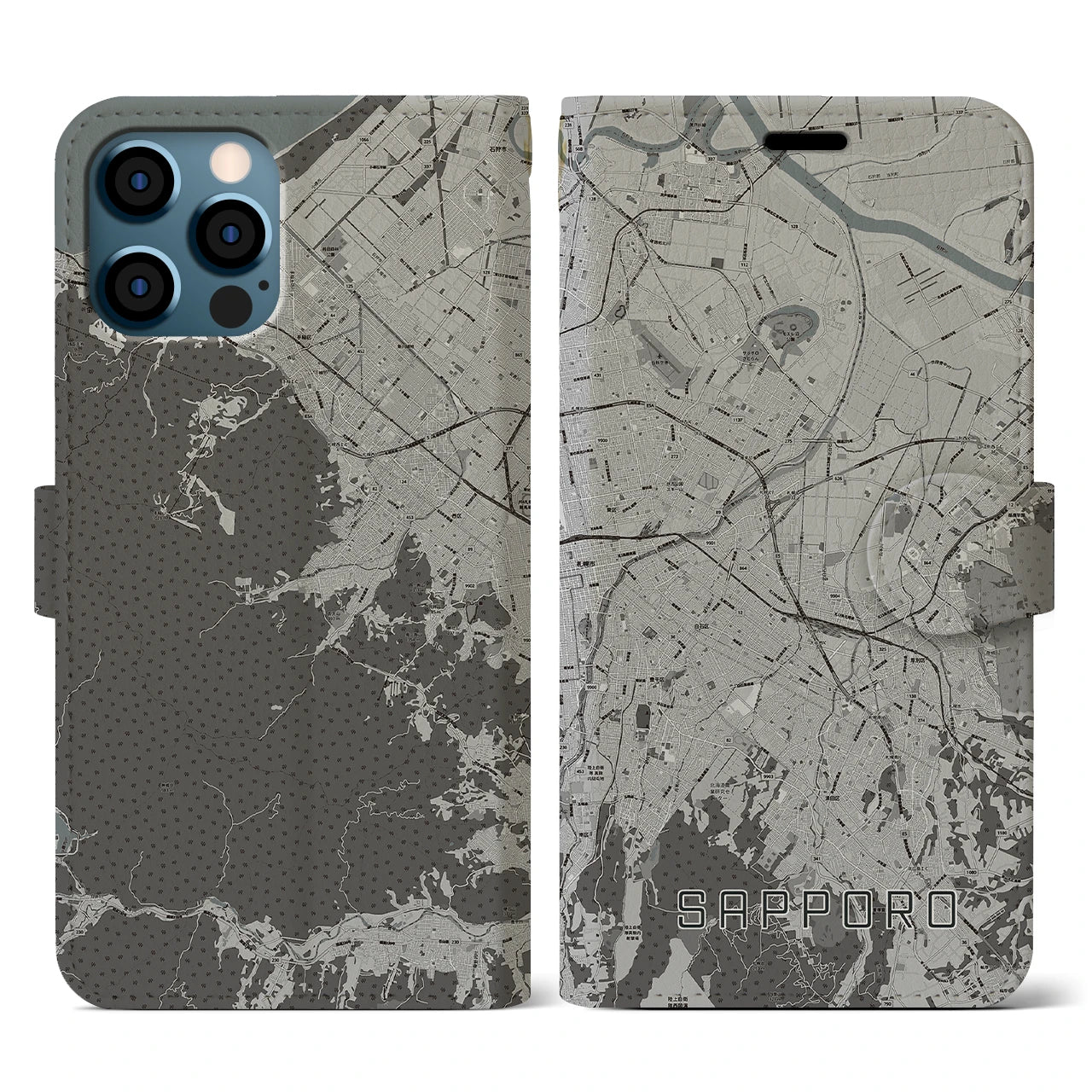 【札幌3(北海道)】地図柄iPhoneケース(手帳タイプ)モノトーン・iPhone 12 / 12 Pro 用