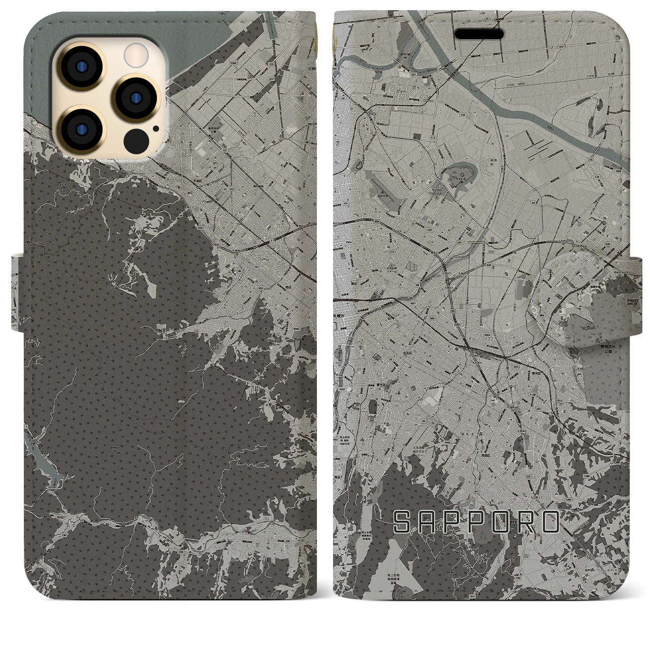 【札幌3(北海道)】地図柄iPhoneケース(手帳タイプ)モノトーン・iPhone 12 Pro Max 用