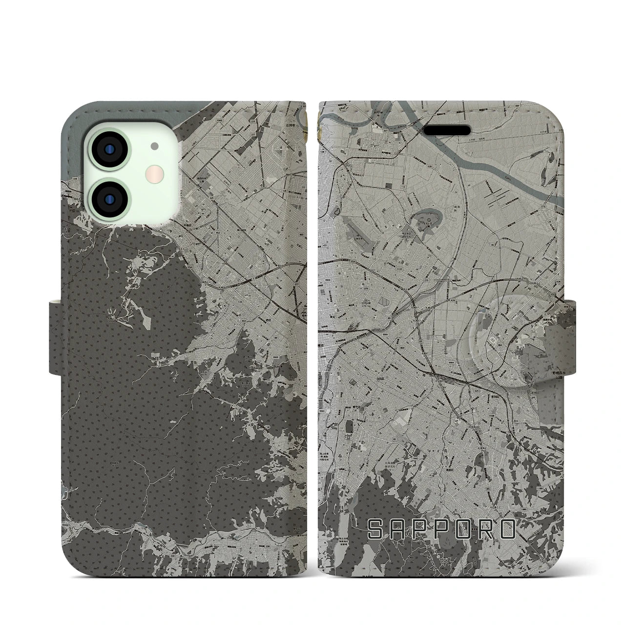【札幌3(北海道)】地図柄iPhoneケース(手帳タイプ)モノトーン・iPhone 12 mini 用