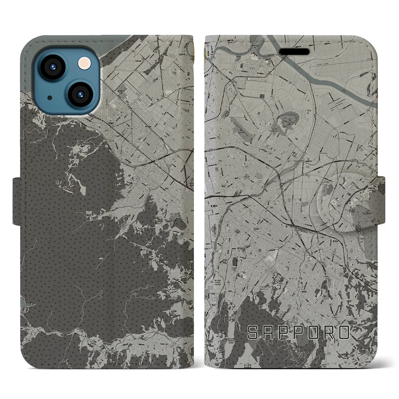 【札幌3(北海道)】地図柄iPhoneケース(手帳タイプ)モノトーン・iPhone 13 用