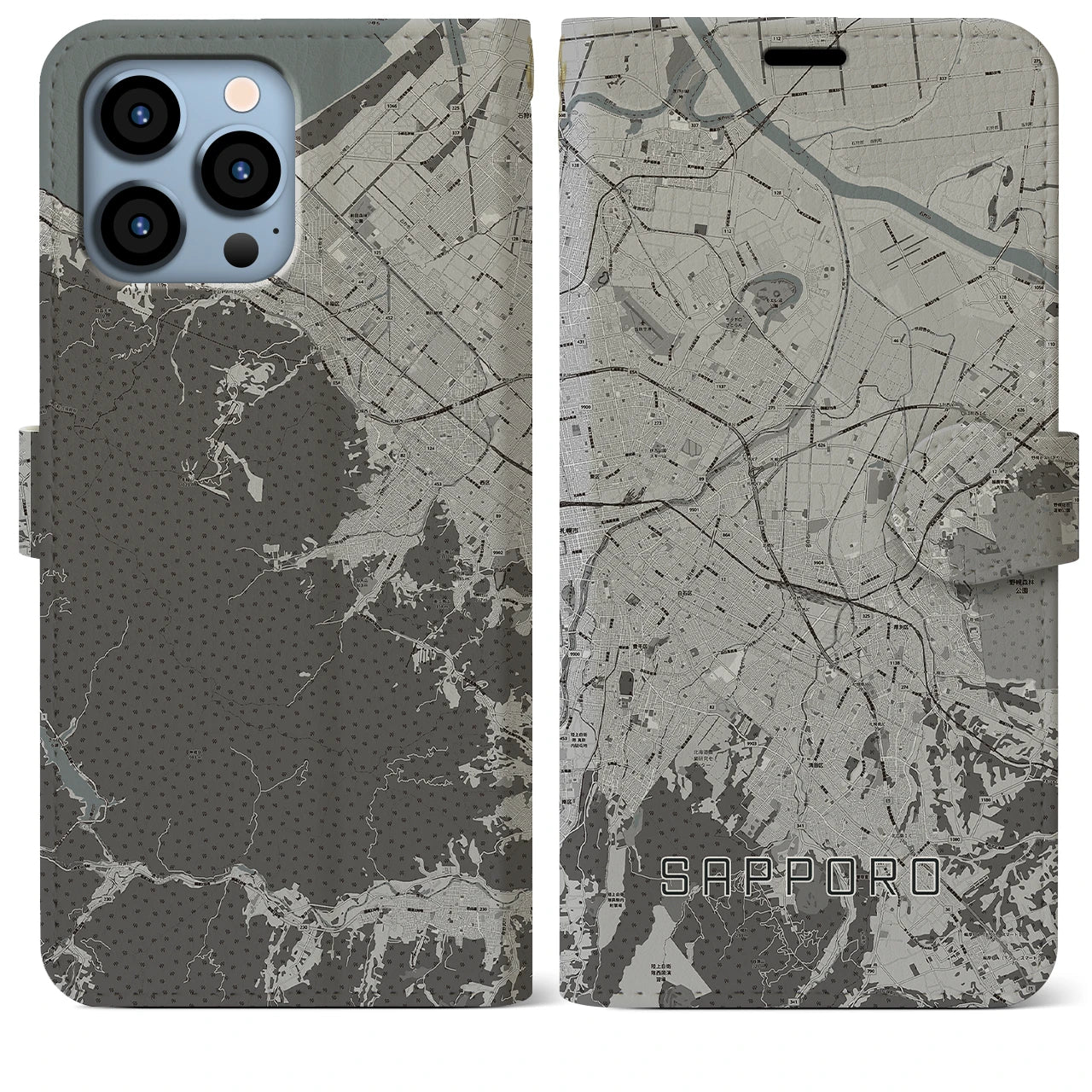 【札幌3(北海道)】地図柄iPhoneケース(手帳タイプ)モノトーン・iPhone 13 Pro Max 用