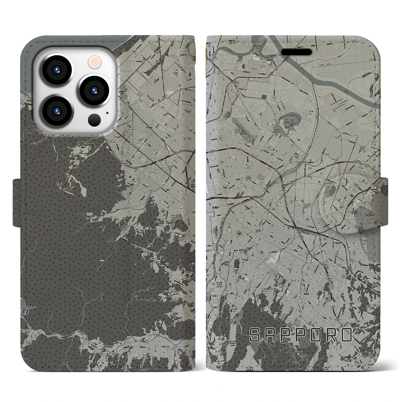 【札幌3(北海道)】地図柄iPhoneケース(手帳タイプ)モノトーン・iPhone 13 Pro 用