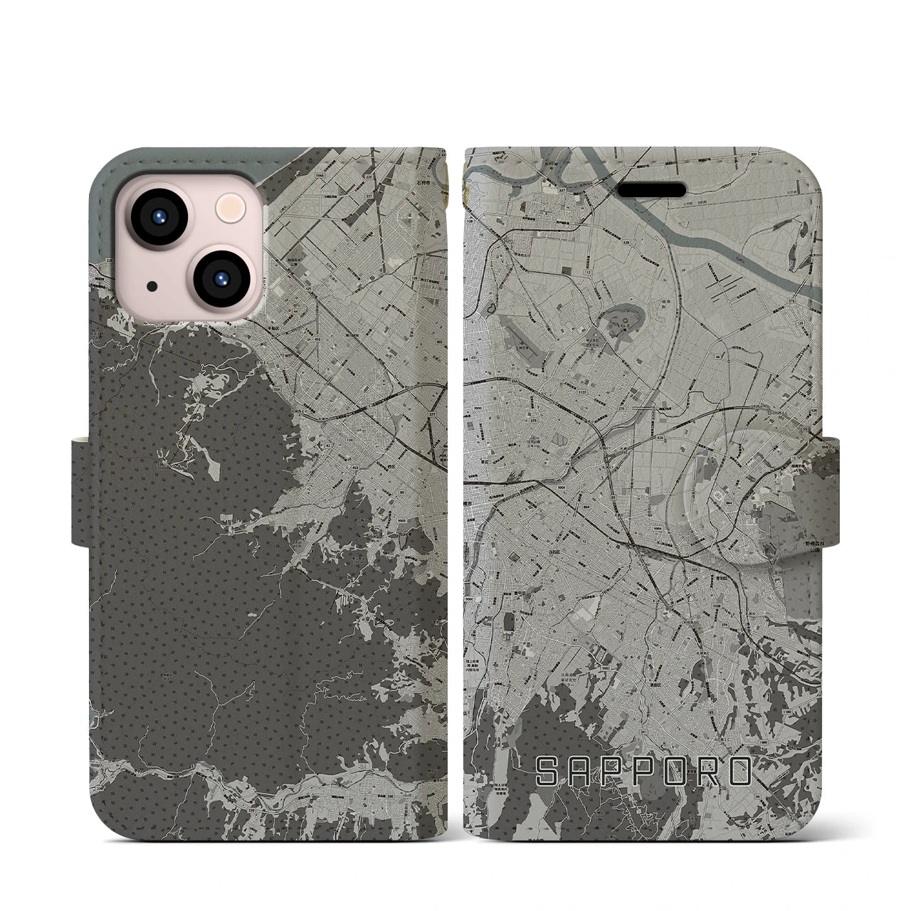 【札幌3(北海道)】地図柄iPhoneケース(手帳タイプ)モノトーン・iPhone 13 mini 用