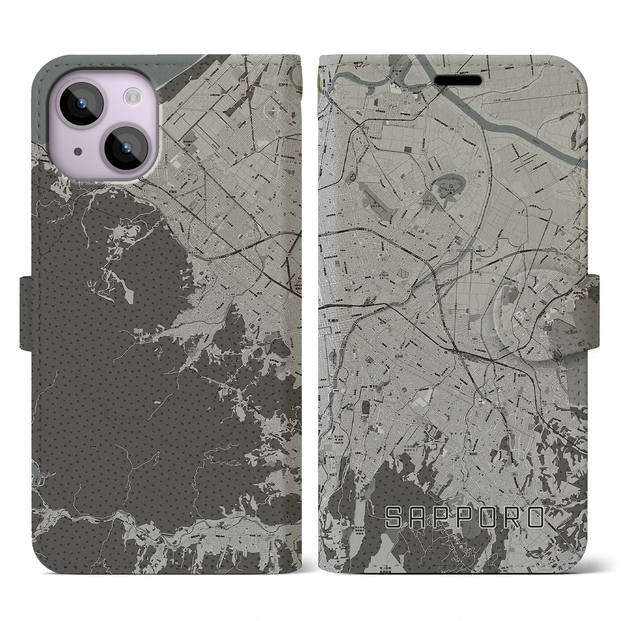 【札幌3(北海道)】地図柄iPhoneケース(手帳タイプ)モノトーン・iPhone 14 用